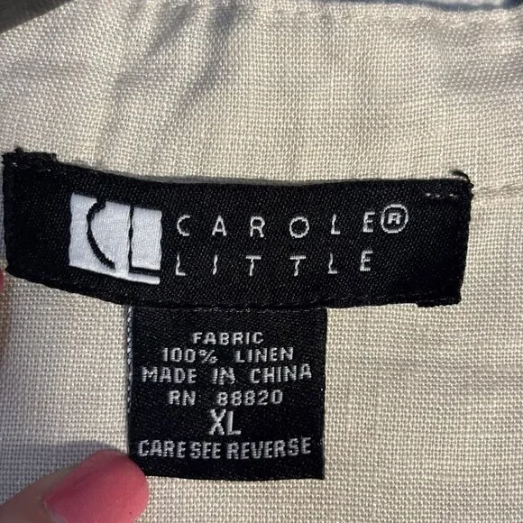 Vintage Carole Little XL Linen Sleeveless Button Front Blouse Black Embroidery - Picture 3 of 9
